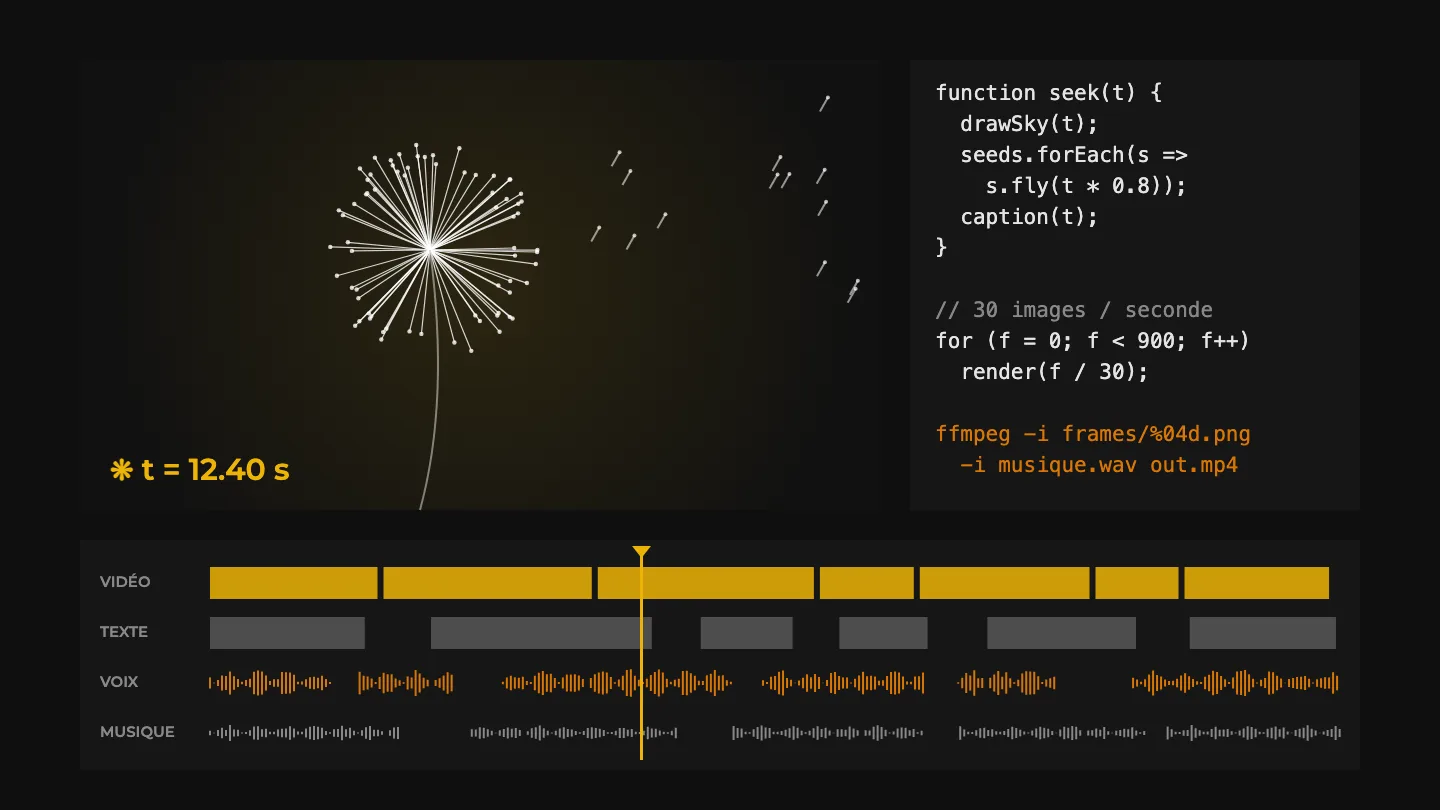Montage vidéo généré par le code avec Claude : aperçu d'un pissenlit animé, code JavaScript et timeline vidéo, texte, voix et musique