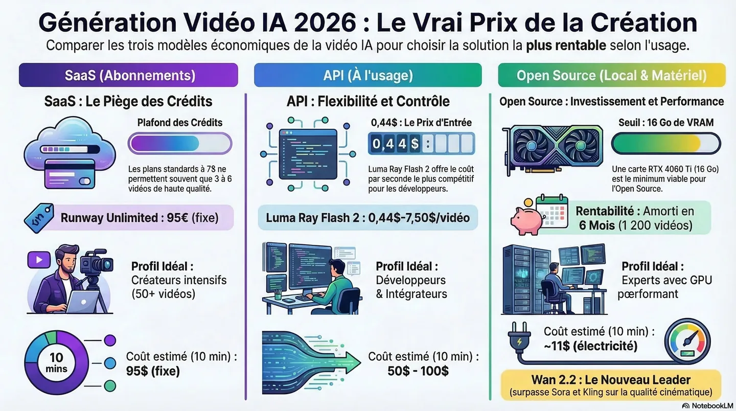 Comparatif Génération Vidéo IA 2026 : Abonnements, APIs et Alternatives Open Source — Quel est le Vrai Prix ?