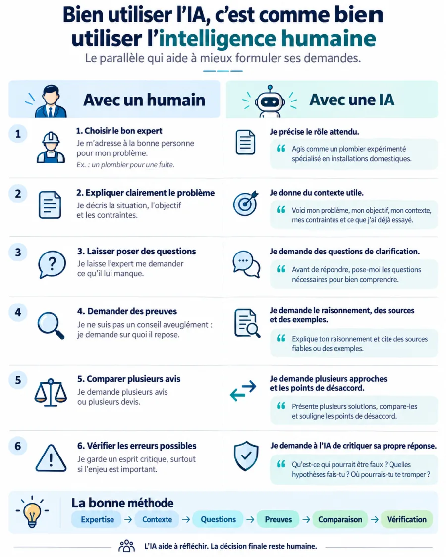 Infographie : bien utiliser l'IA, c'est comme bien utiliser l'intelligence humaine — 6 étapes en parallèle, de l'expert au bon contexte jusqu'à la vérification
