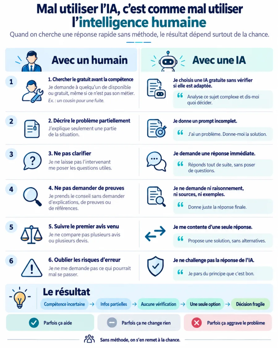 Infographie comparant les 6 mauvais réflexes avec un humain et leurs équivalents avec une IA, menant à une décision fragile