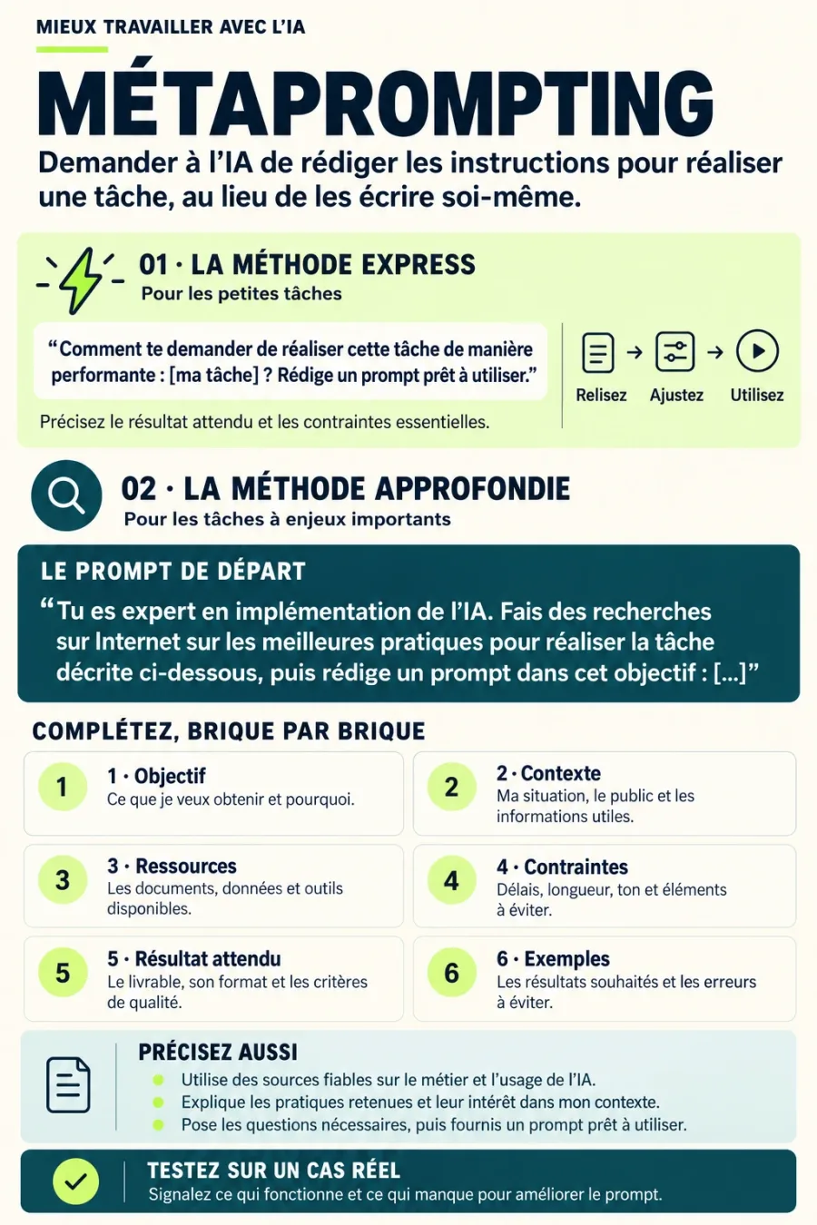 Infographie : méthode express et méthode approfondie de métaprompting, en 6 briques (objectif, contexte, ressources, contraintes, résultat attendu, exemples)