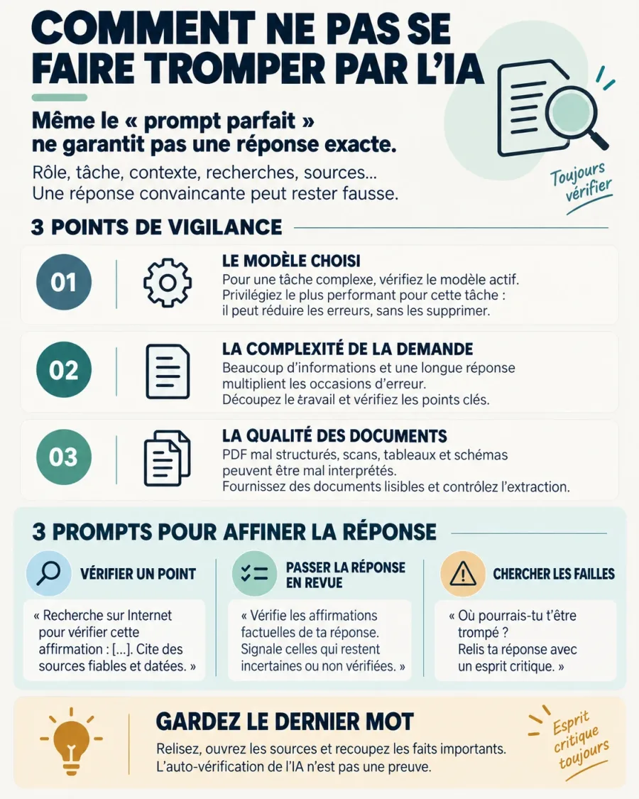 Infographie sur les 3 points de vigilance face à l'IA (modèle choisi, complexité de la demande, qualité des documents) et 3 prompts pour vérifier une réponse