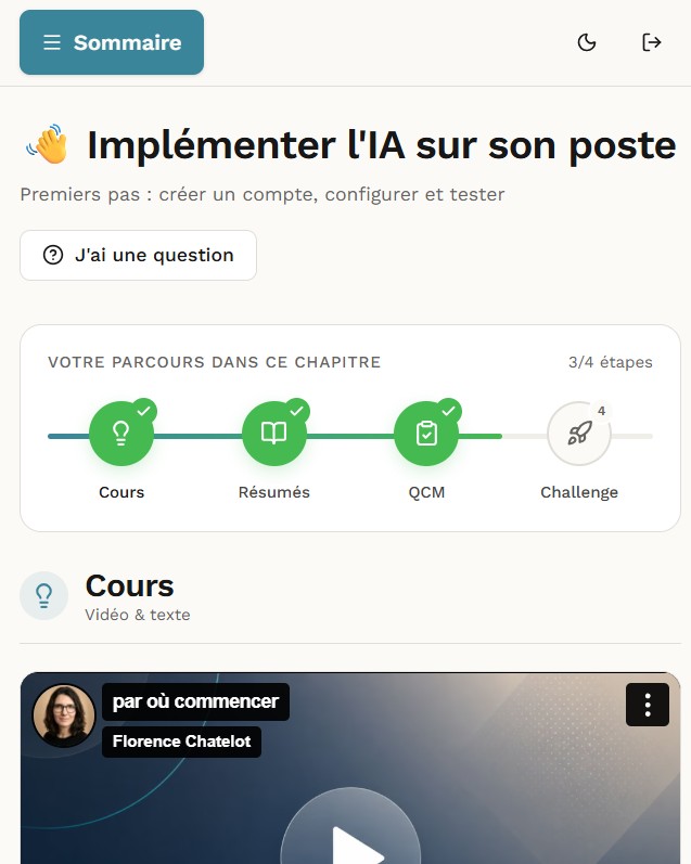 Interface cours vidéo Pragmia — Florence Chatelot enseigne à la caméra avec progression du chapitre visible