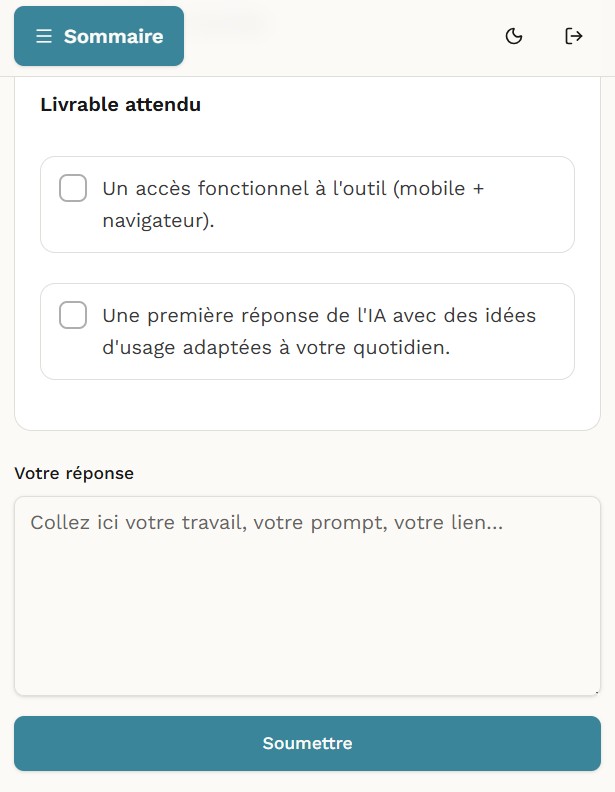 Exercice pratique Pragmia — livrable attendu avec cases à cocher et zone de soumission de réponse