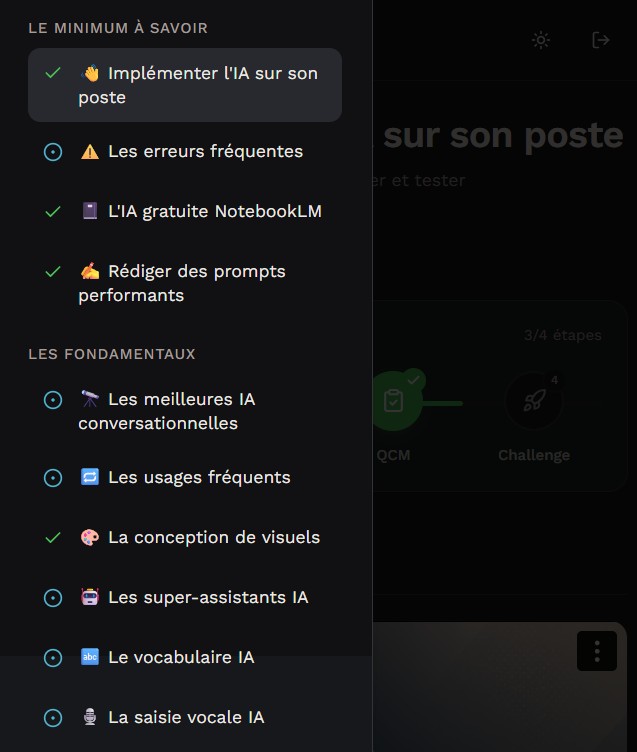 Interface Pragmia en mode sombre sur mobile — sommaire latéral avec liste des chapitres
