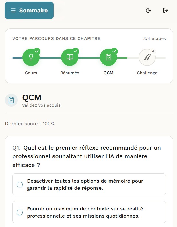 QCM Pragmia — question à choix multiple avec score 100% affiché et parcours de chapitre