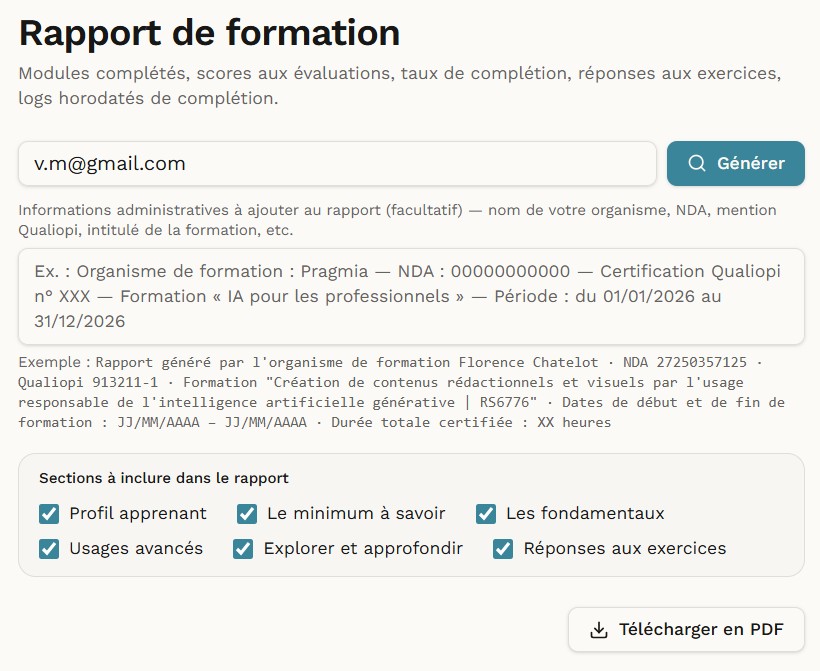 Rapport de formation Pragmia — générateur PDF avec modules complétés, scores et informations Qualiopi