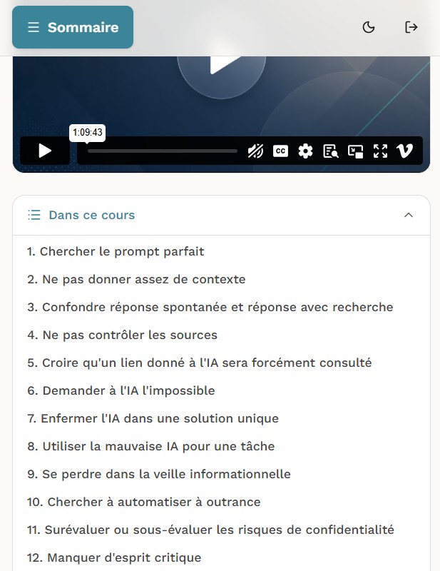 Sommaire interactif d'un cours Pragmia — liste numérotée de sections cliquables sous la vidéo